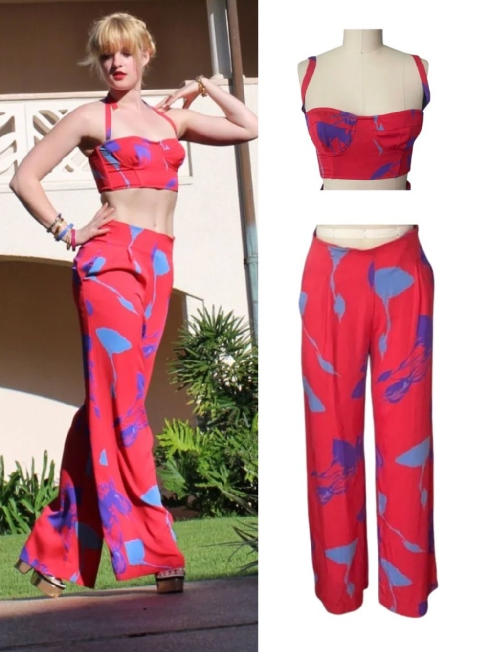 Tucker Silk Red Purple Blue Floral Silk Bustier Crop Top and Wide leg Pant Set